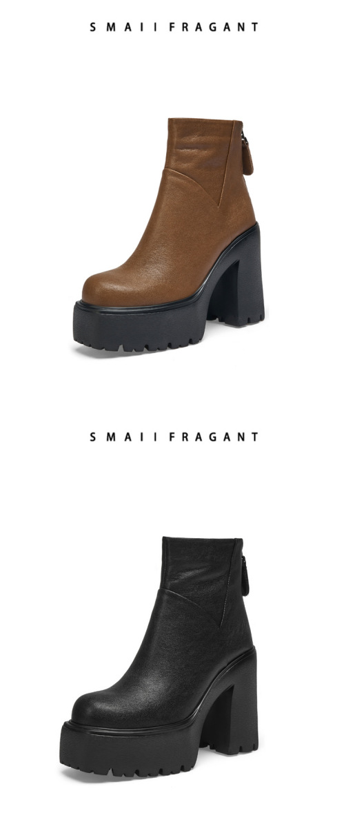 Boot Martin nữ cổ ngắn gót thô 12cm da bò thật đế dày tôn chiều cao, phong cách đi làm — Lớp lót đơn màu đen, Lớp lót đơn màu kaki, Lót nhung đen, Lót nhung màu kaki