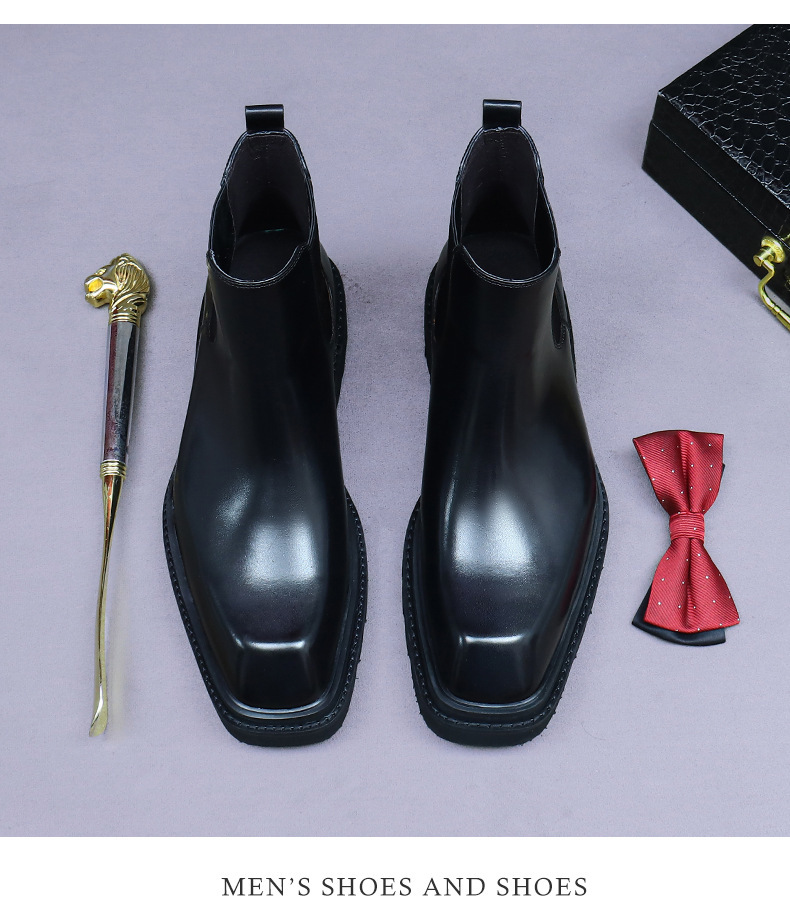 Boot Chelsea nam da bò cổ thấp đế dày phong cách công sở — Lớp lót lông cừu màu nâu cà phê, Màu đen, Lót lông cừu màu đen, Màu cà phê