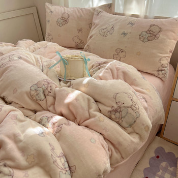 Cartoon Milk Velvet Warm Four-Piece Set Autumn and Winter Thickeneded Double-Sided Velvet Quilt Cover Flannel Dormitory Three-Piece Set 1.8 Bed