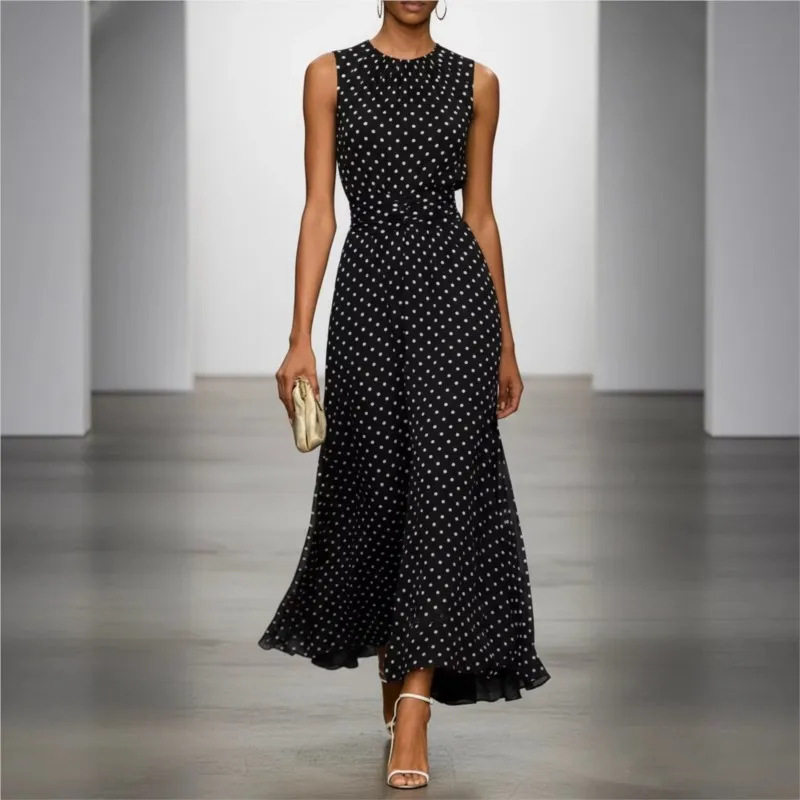 Womens Summer Dress Elegant Waist Tie Design Polka Dot Pattern Comfortable Fabric Perfect for Casual Outings