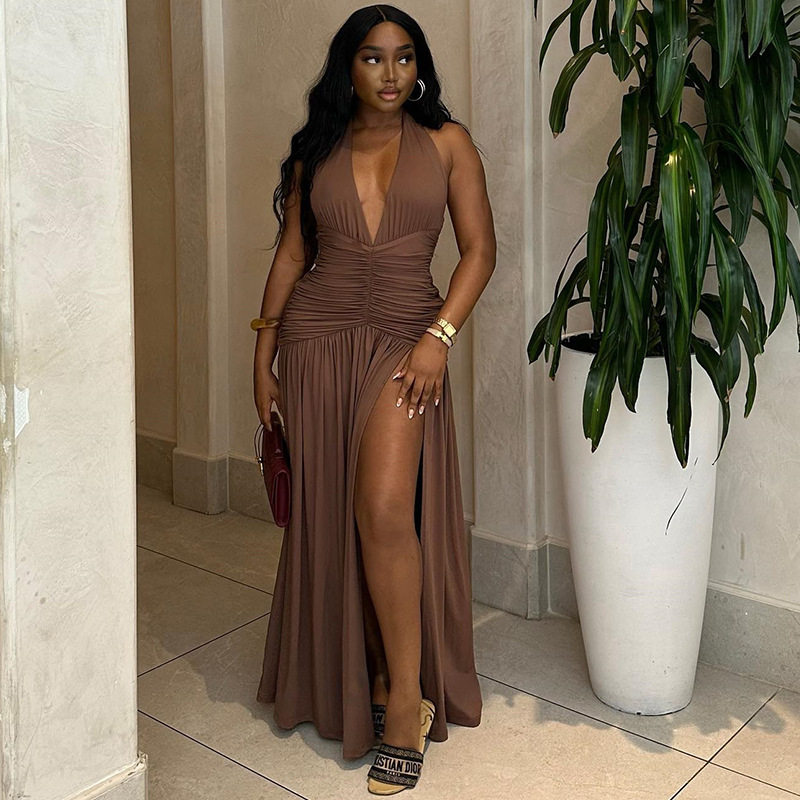 Sleeveless Deep V Neck Split Back Dress Solid Color High Slit Waist Defining Elegant Style Perfect for Parties and