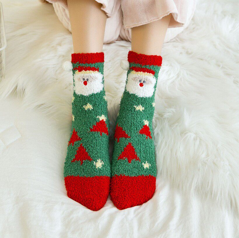 日系圣诞地摊袜子刺绣立体家居珊瑚绒卡通加厚毛巾地板半边绒女袜