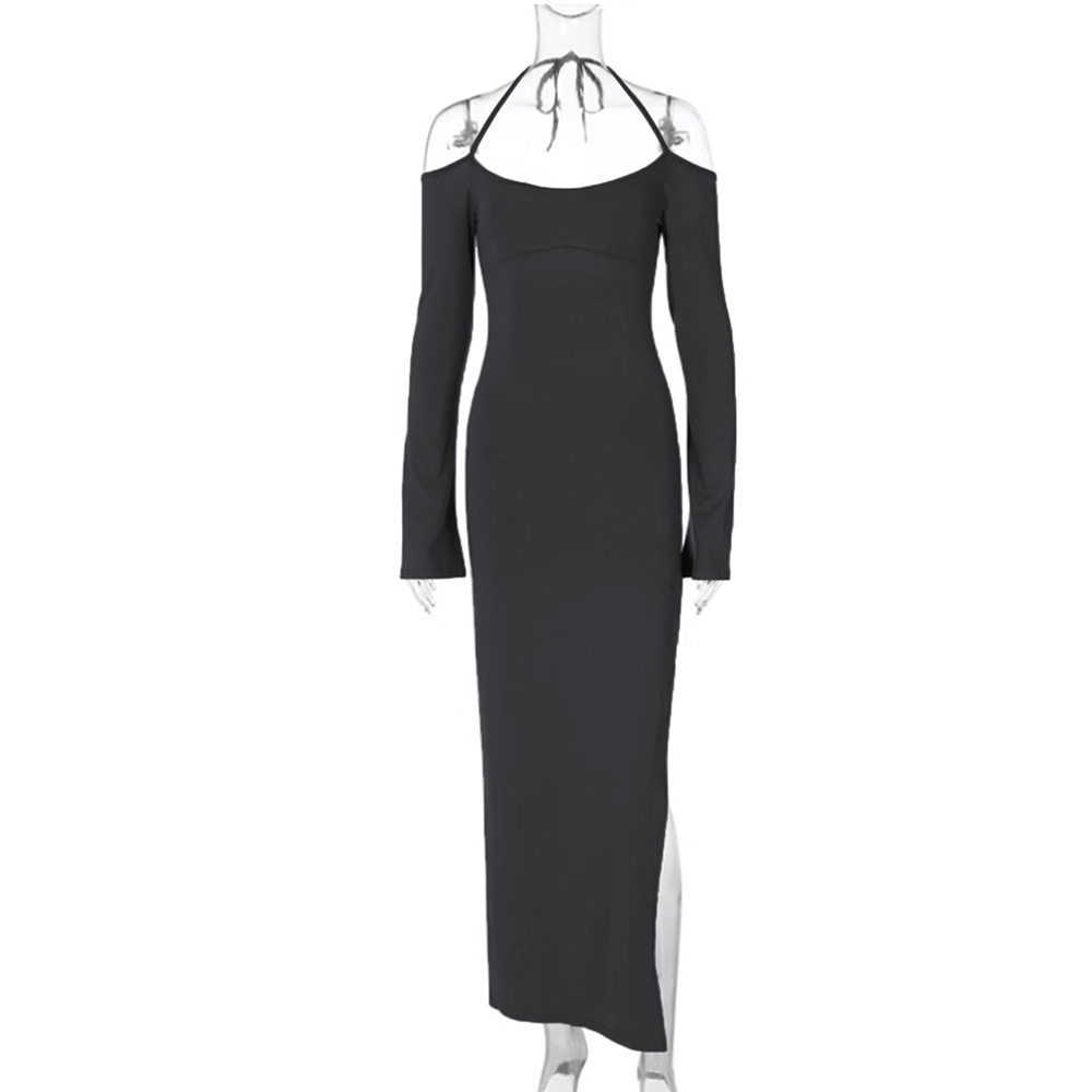 Womens Halter Neck Maxi Dress Sexy Off Shoulder Design Side Slit Lightweight Fabric Spring Summer Occasion