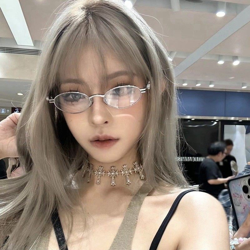 Pure Elliptical Glasses Frame Pearl Diamond Small Face Small Frame Flat Glasses Advanced Sense Plain Glasses Frame Can be Equipted with Myopia