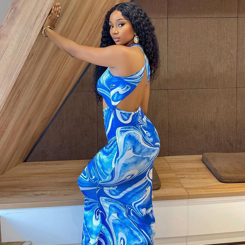 Hollow Out Bodycon Dress Round Neck Backless Digital Print Elegant Vacation Style Wholesale Available