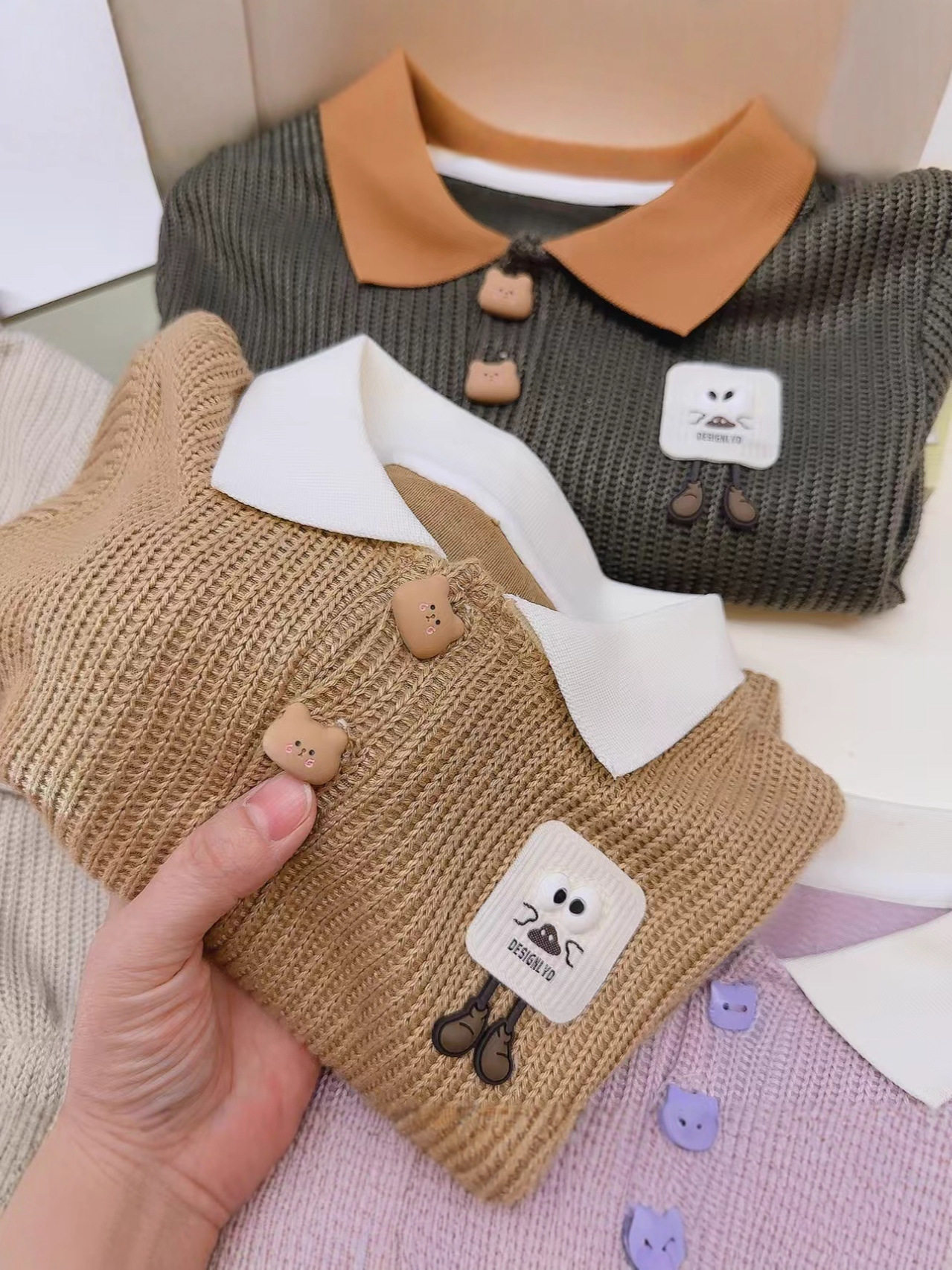 Spring & Autumn Boys & Girls Knitted Embroidered V-Neck Hoodie, Viral Trendy Korean Style Long-Sleeve Top