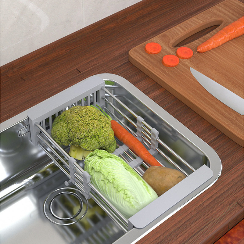 Stainless Steel Retractable Sink Drain Rack Fruit and Vegetable Bowl Chopsticks Vegetable Washing Drain Basket Household Dish Fruit Storage Rack