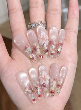 【花神】氛围感雕花猫眼中长款纯手工穿戴甲美甲贴片假指甲片