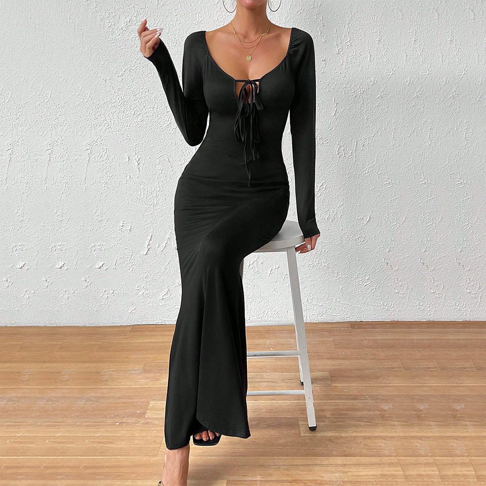 Elegant Long Sleeve Bodycon Dress with Deep U Neck and Front Tie Sexy Slim Fit Chic Style for Evening Events