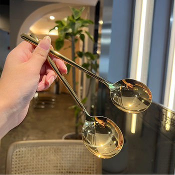 Stainless Steel Round Head Spoon Creative Korean Large Head Spoon Western Tableware Long Handle Spoon Eating Spoon Thickened Household Drinking Spoon