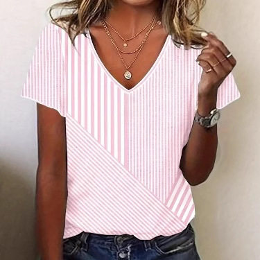Womens Summer V Neck Short Sleeve Striped Top Trendy Floral Print Versatile Casual Wear Wholesale Available