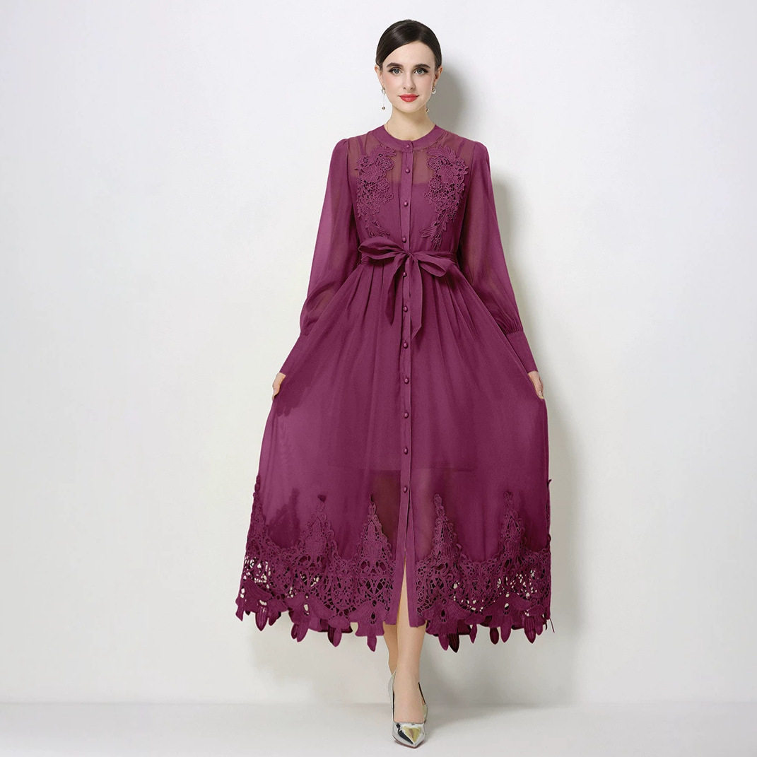Korean Style Embroidered Hollow Out Dress Long Sleeve Waist Defining Slim Fit Yellow Summer Office Wear Wholesale