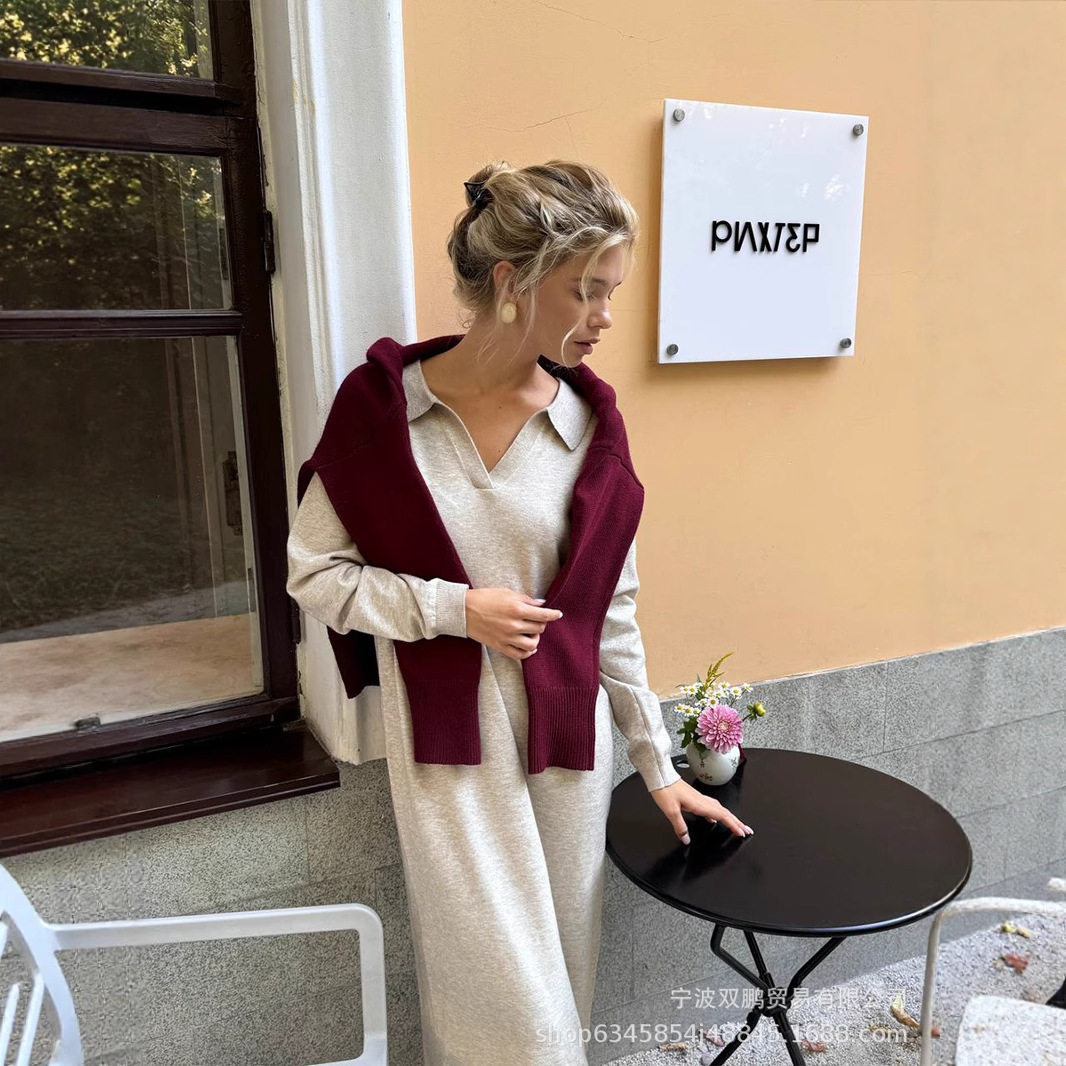 Long Sweater Dress Soft Fabric Scissor Collar Loose Fit Elegant Style Autumn Winter Fashion Wholesale Available
