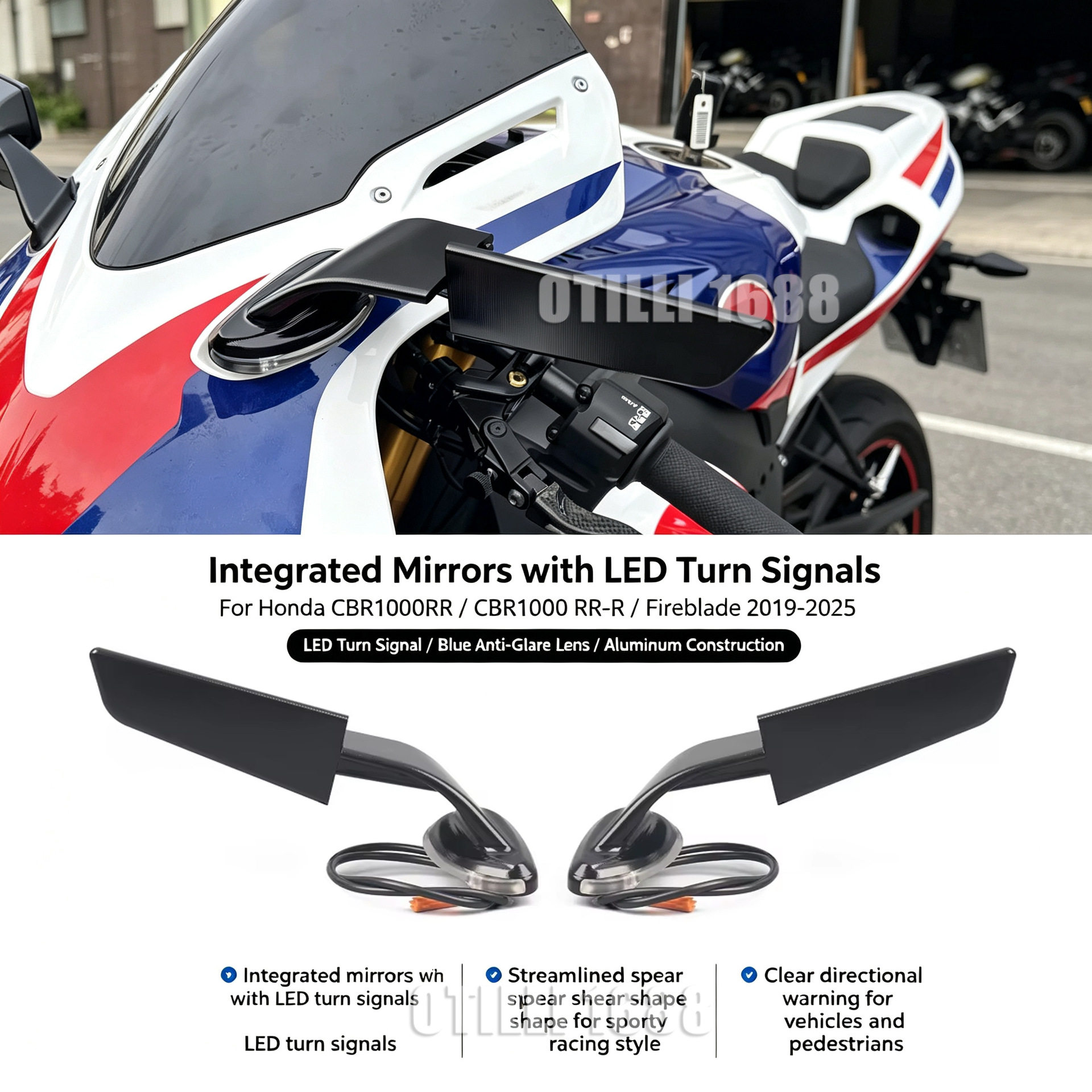อุปกรณ์เสริมสำหรับการดัดแปลงรถจักรยานยนต์ ฮอนด้า CBR1000RR RR‑R ปี 2019‑2025 กระจกมองข้างแบบติดตั้งไฟ LED