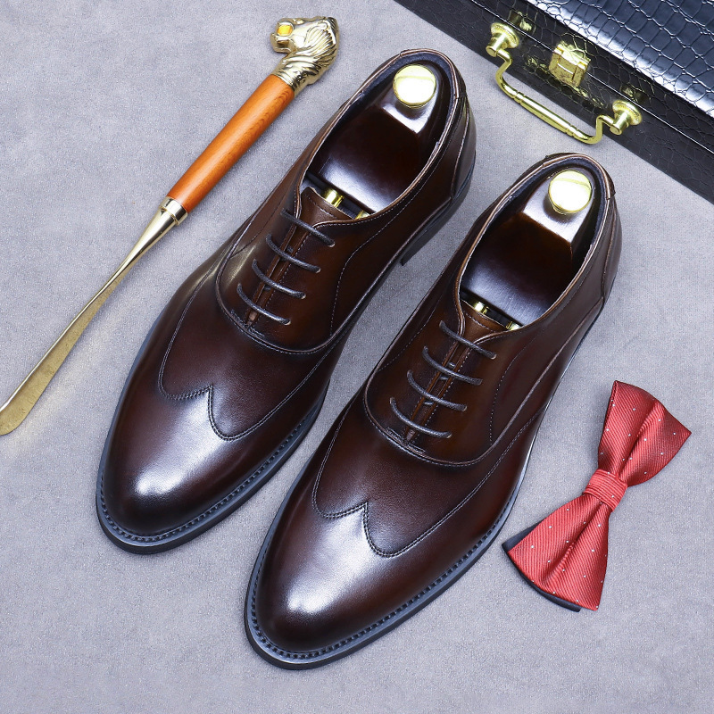 Giày Oxford nam da bò thật thủ công mũi nhọn tăng chiều cao trong, phong cách công sở — Màu đen độn cao bên trong, Màu cà phê tăng chiều cao bên trong