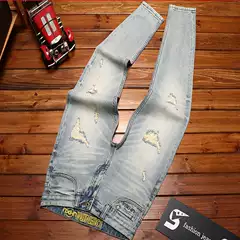 Ripped Patch Jeans Men's Slim Fit Pants Washed Retro Nostalgic High-End American Elastic Youth Pants