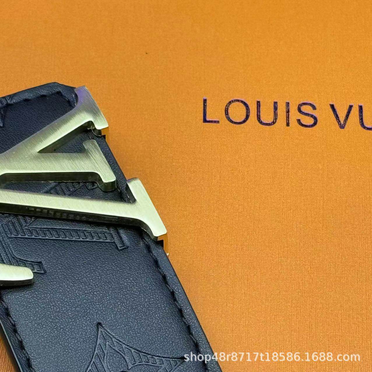 New L Men's Belt Smooth Buckle V Letter Belt Youth Plaid Trouser Belt Trendy Casual Business Belt