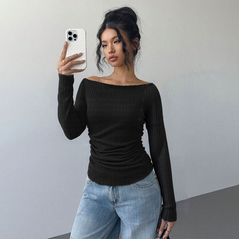 V Neck Long Sleeve Ribbed Knit Top Soft Fabric Slim Fit Solid Color Casual Wear for Women Wholesale Available
