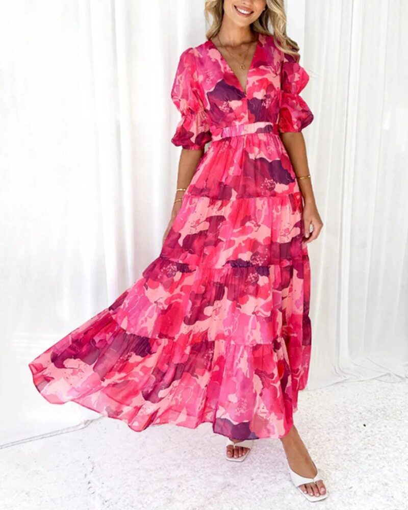 Floral Print V Neck Puff Sleeve Dress Waist Defining Summer Style Perfect for Casual Outings Wholesale Available