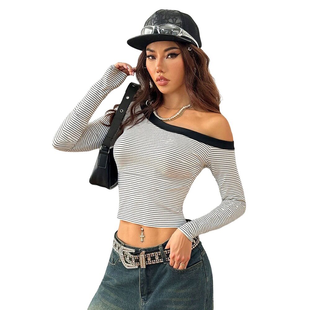 Striped Off Shoulder Long Sleeve T Shirt for Women Slim Fit Sexy Short Length Fall Layering Top Wholesale Available