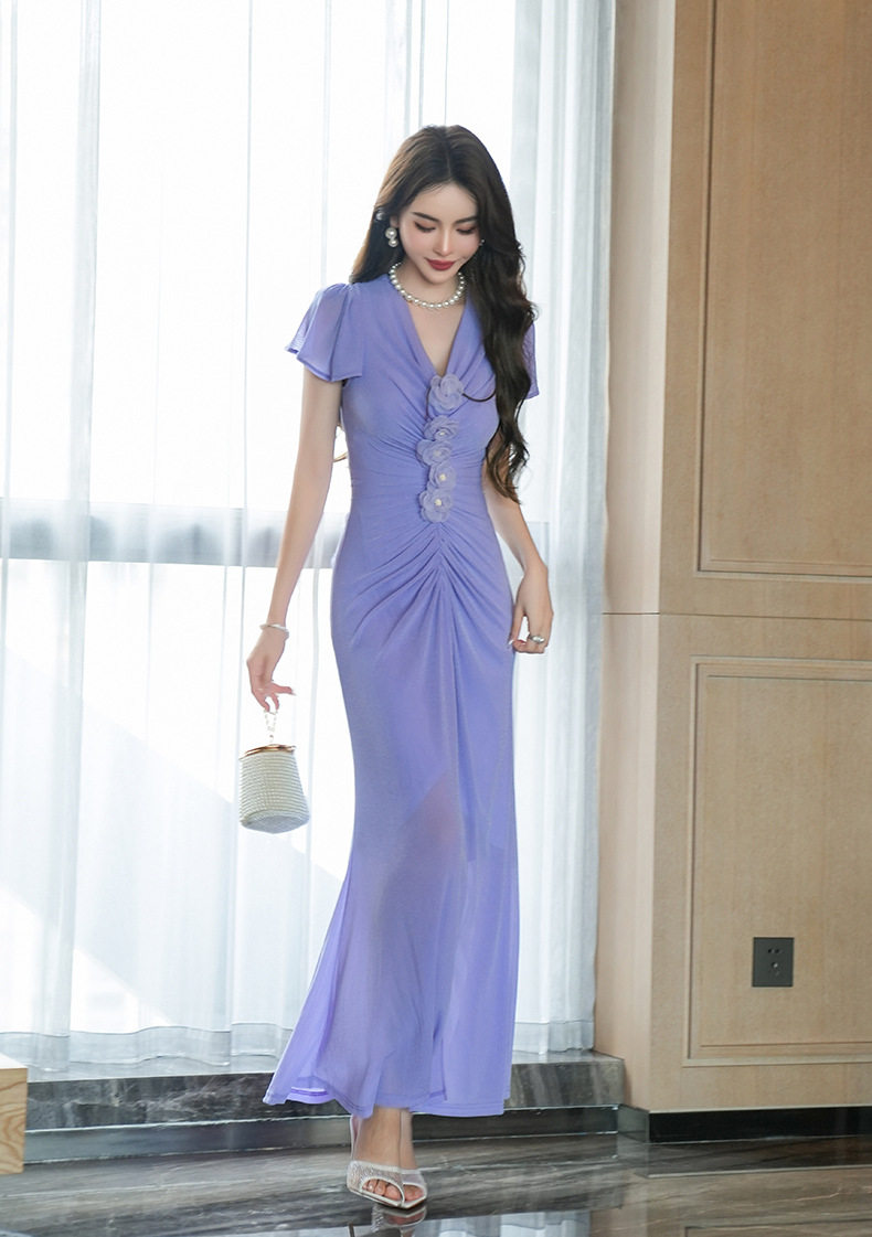 Đầm ôm body nữ phong cách Pháp cổ V tay ngắn eo cao — [Tử Đinh Hương] chi tiết 9
