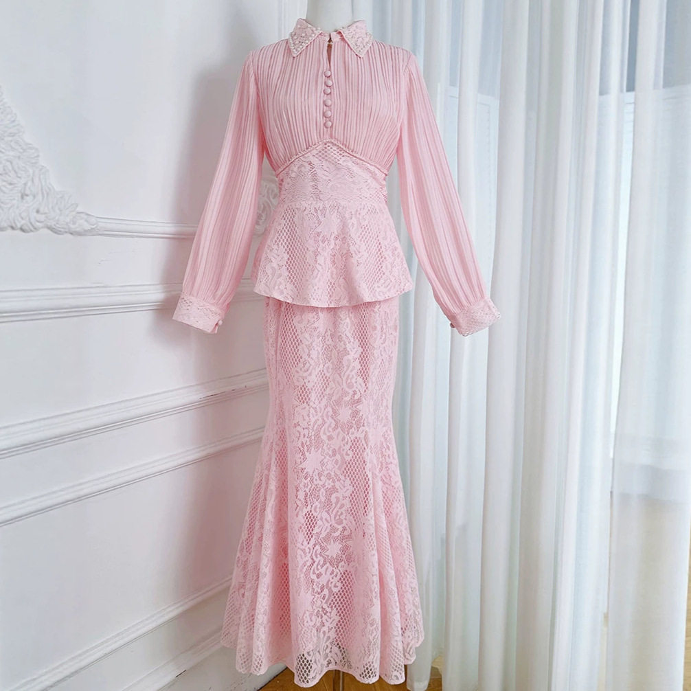 Chiffon Top with Lace Skirt Set Elegant Beaded Jacket Mermaid Hem Chic Design Perfect for Parties and Special