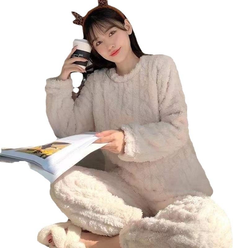 珊瑚绒睡衣女冬季加绒加厚提花长袖家居服两件套秋冬宽松暖暖套装