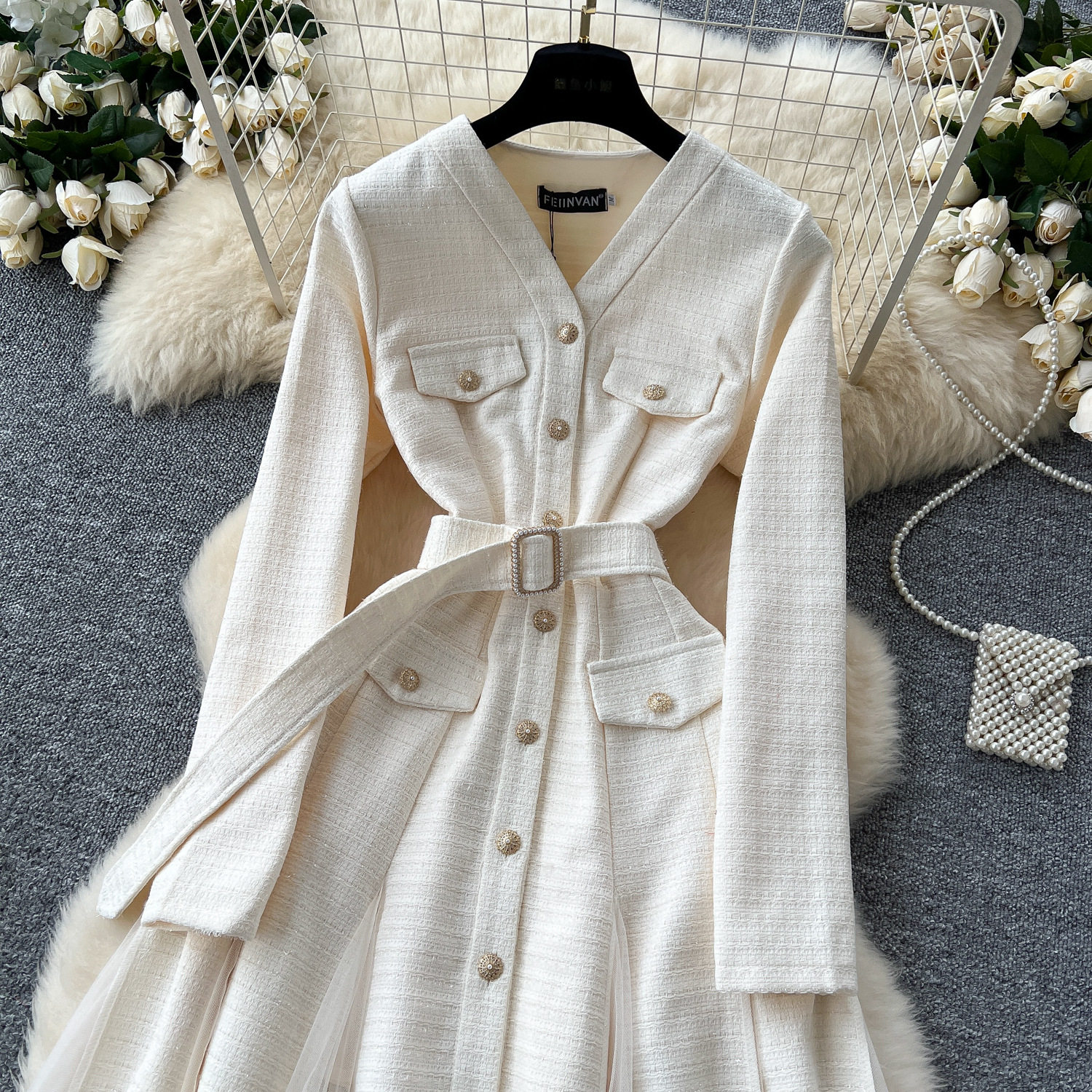Vintage French Style V Neck Dress with Metal Buttons Waist Defining Elegant Sheer Mesh Panels Perfect for Formal