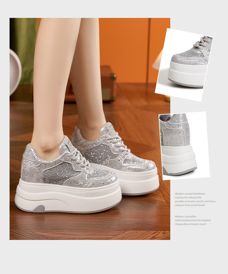 Giày sneaker nữ chunky đế dày platform trắng phối đá rhinestone — Trắng, Bạc chi tiết 3
