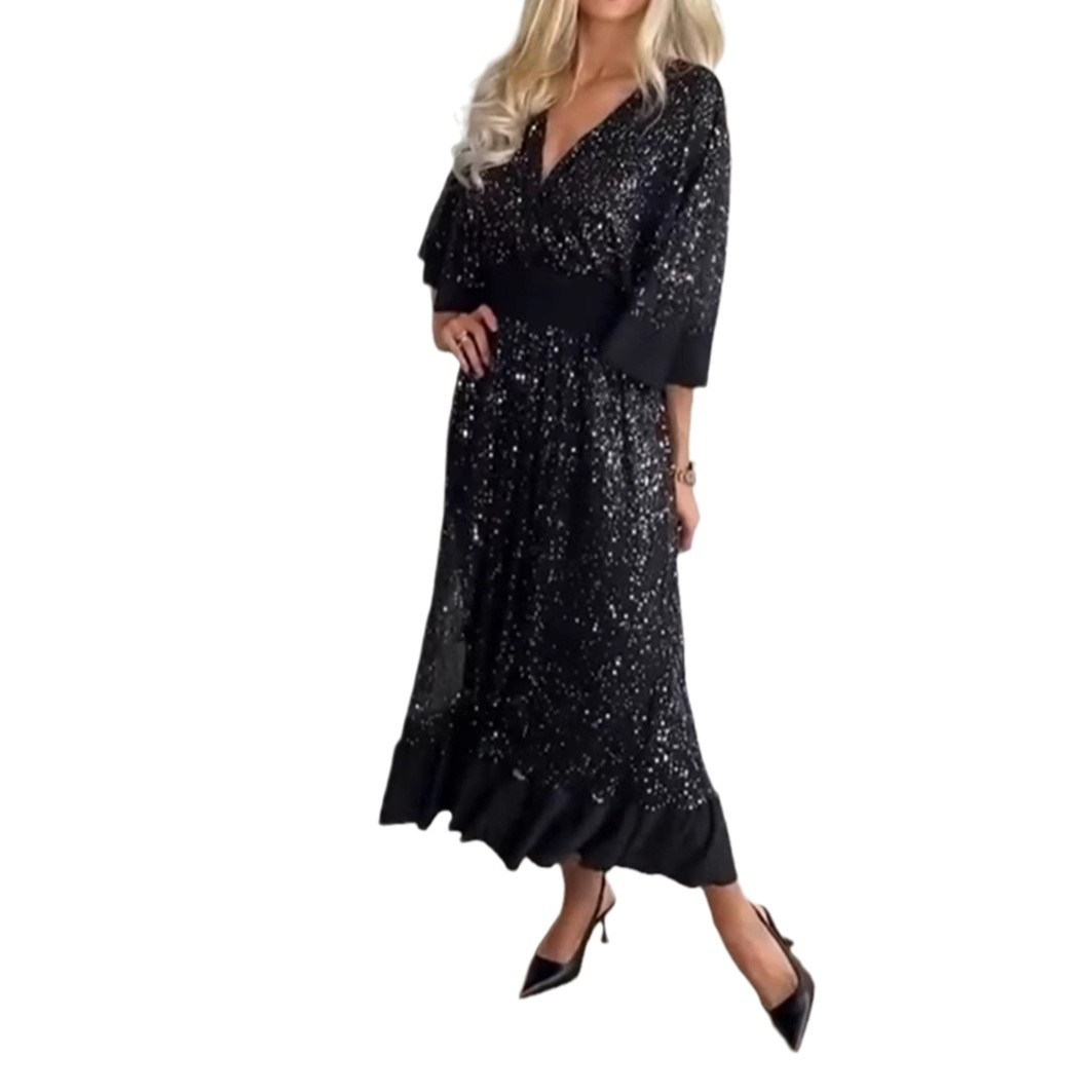 V Neck Sequin Dress Solid Color Waist Defining Elegant Style Perfect for Parties and Events Wholesale Available