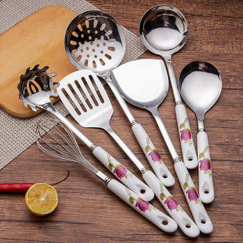 Ceramic Handle Stainless Steel Pot Shovel Kitchenware Set Shovel Soup Spoon Anti-slip High Temperature Anti-scalding Kitchen Household Hotel