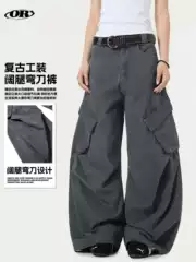 OREETA | American Vintage Distressed Cargo Pants Unisex Multi-Pocket Pleated Deconstructed Wide-Leg Casual Pants