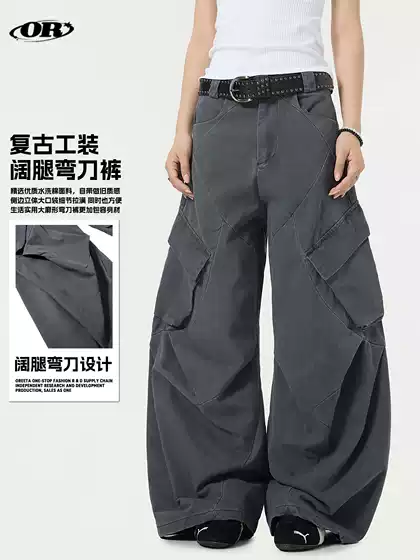 OREETA | American Vintage Distressed Cargo Pants Unisex Multi-Pocket Pleated Deconstructed Wide-Leg Casual Pants