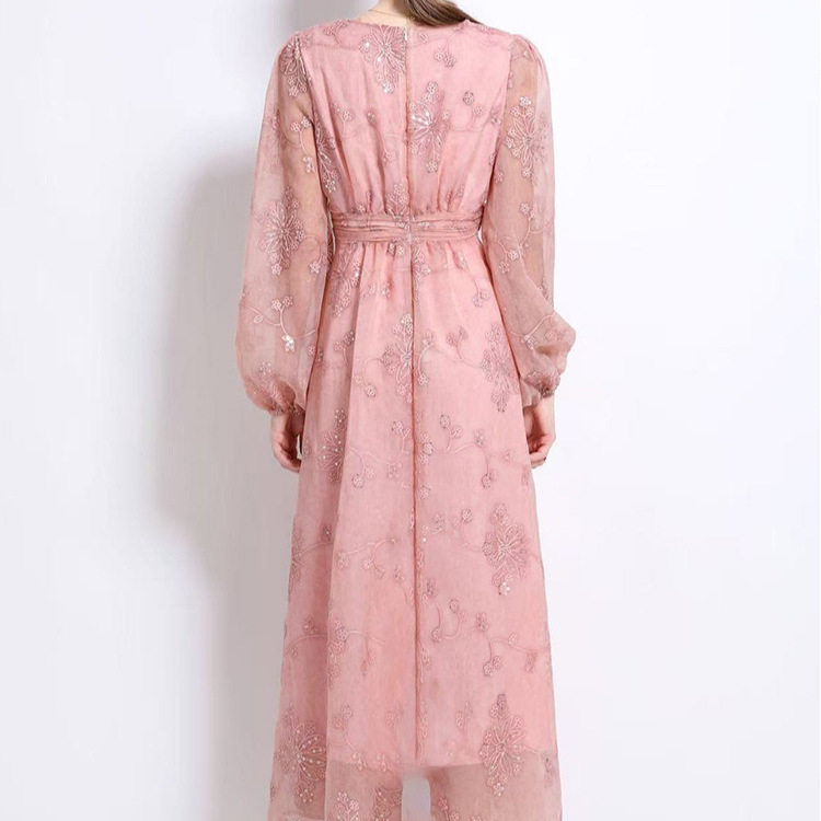 French Style Embroidered Sequin V Neck Lantern Sleeve Waist Defined Maxi Dress for Women Slim Fit Autumn Collection Wholesale