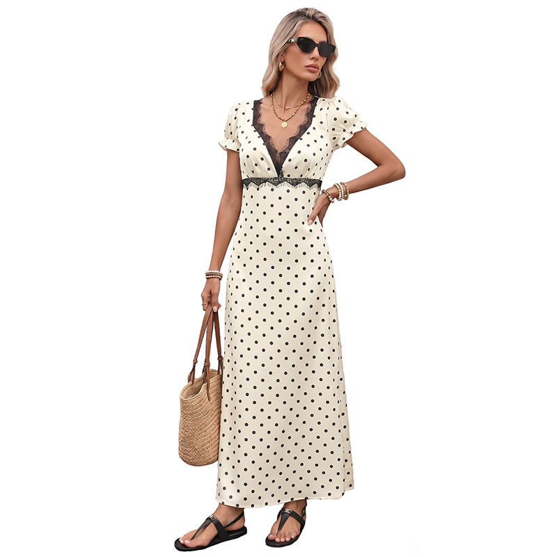 French Style Polka Dot Lace V Neck Dress Puff Sleeves Vacation Ready Elegant Design Wholesale Available