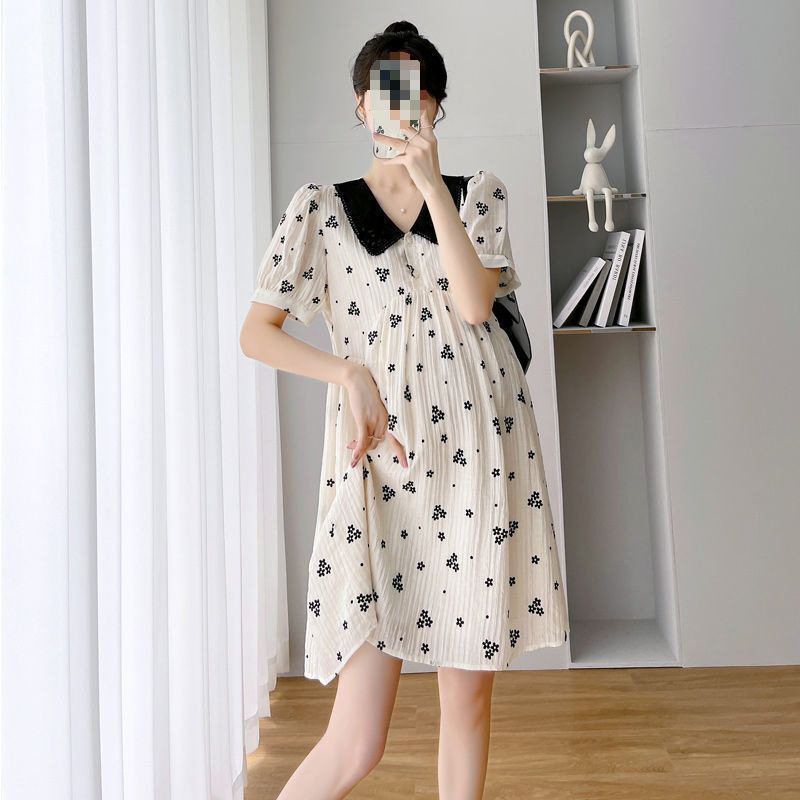 Maternity Wear Summer Internet Celebrity Korean Style Fashionable Doll Collar Loose Floral Maternity Mid-Length Slimming Maternity Dress