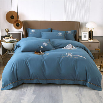 2026 Spring New All-Cotton Embroidered Solid Color Four-Piece Set Light Luxury Fashion Brushed Bed Sheet Fitted Sheet Style Bedding Set