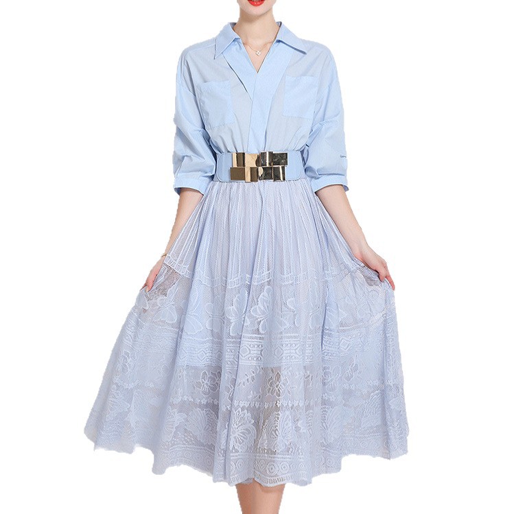 Elegant V Neck Lace Trimmed A Line Dress for Women Three Quarter Sleeves Princess Style Perfect for Formal Occasions