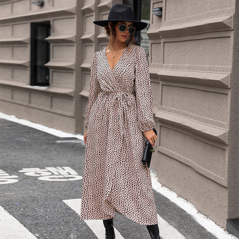 Long Sleeve Leopard Print Dress Elegant Design Comfortable Fabric Trendy Style Perfect for Fall Occasions Wholesale