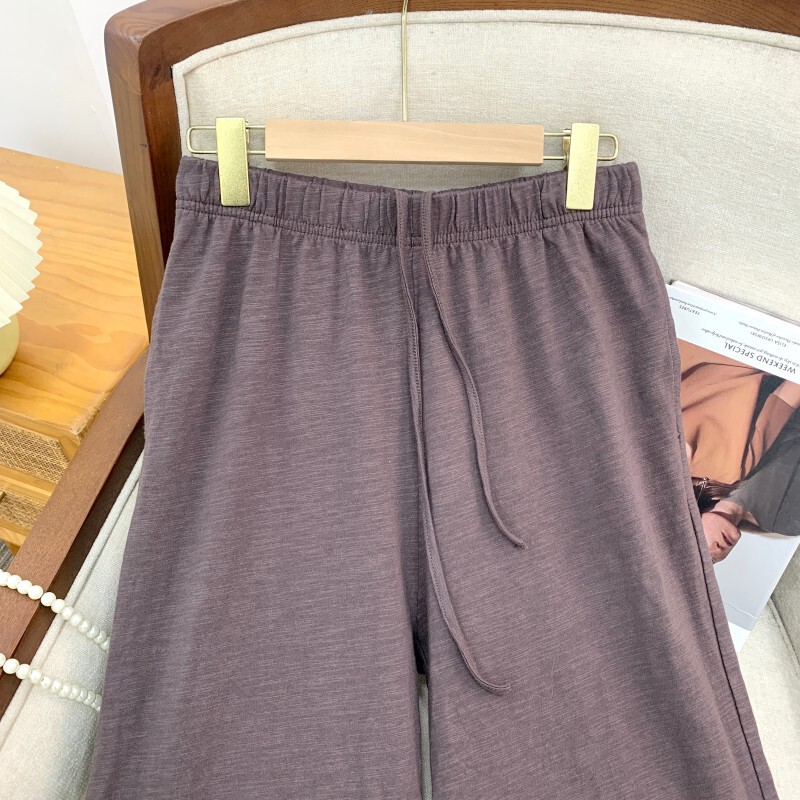 Quần ống loe nữ cạp chun viền ren phối bèo, dáng lửng 9 tấc tôn dáng — Màu nâu Mocha, Màu xám sương mù, Tím tử đằng