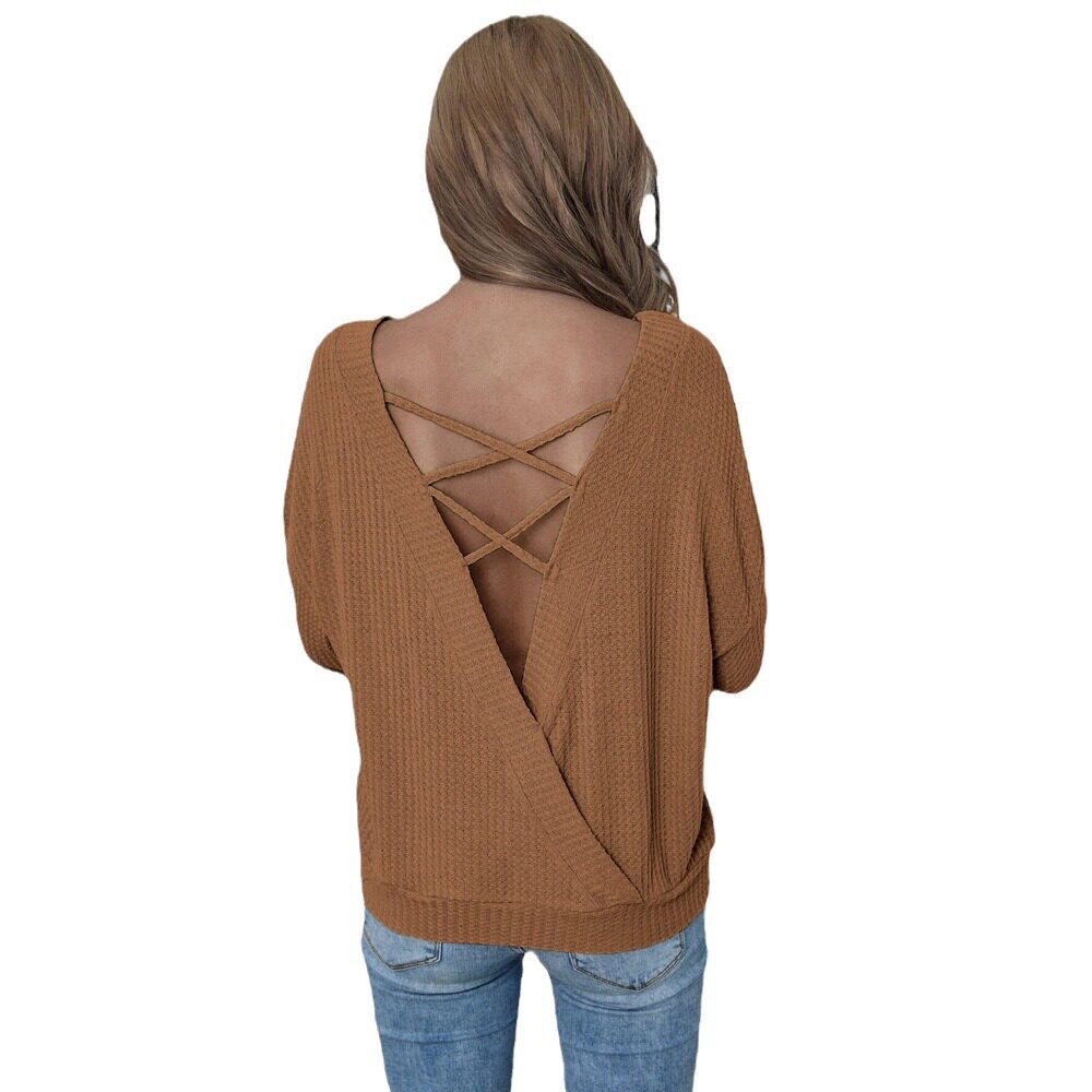 Womens Loose Casual Sexy Backless Long Sleeve T Shirt Spring Summer Waffle Fabric Comfortable Fit Wholesale Available