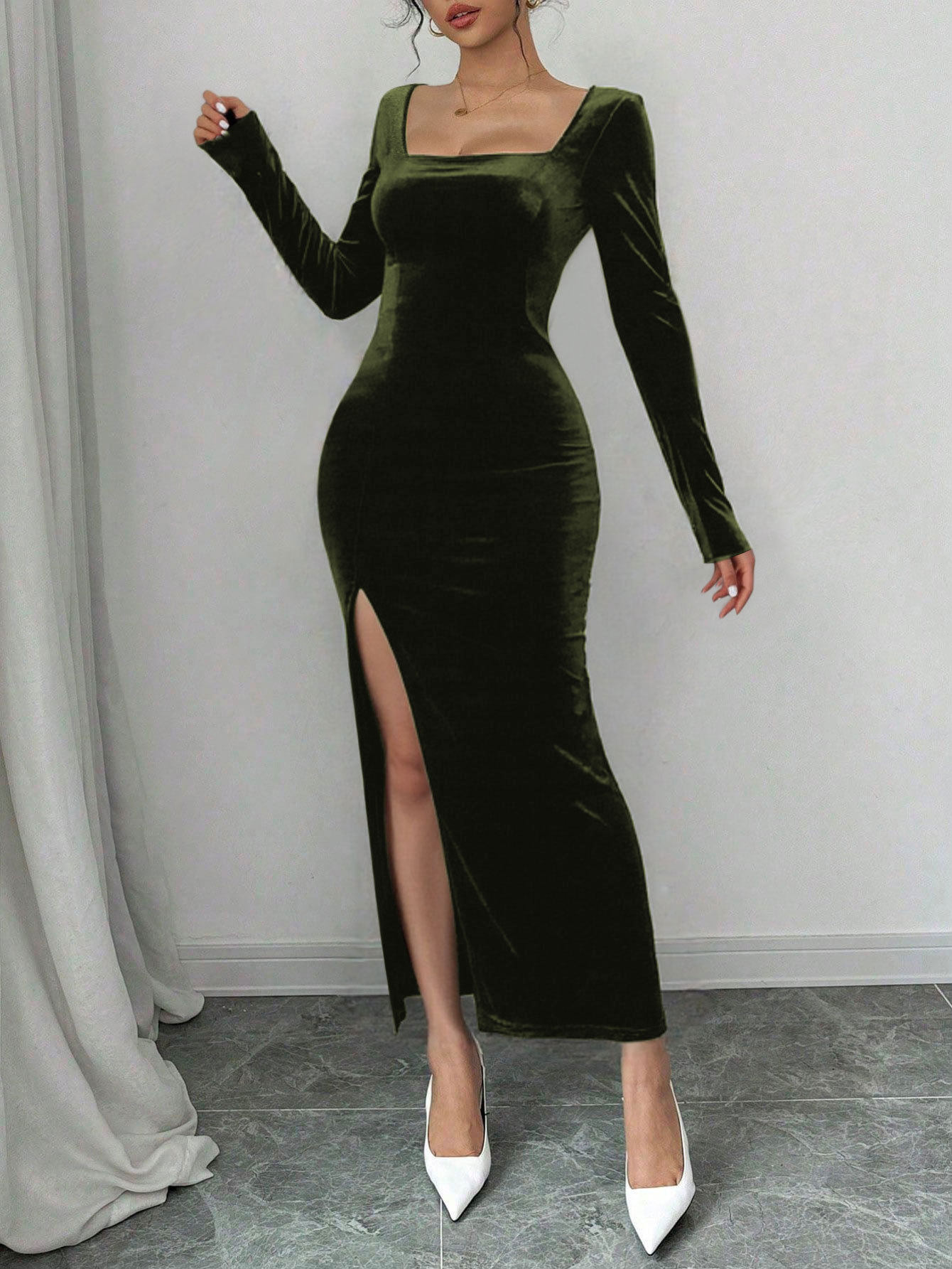 Velvet Maxi Dress High Waist Sexy Split Long Sleeve Square Neck Spring Summer Fashion Wholesale Available