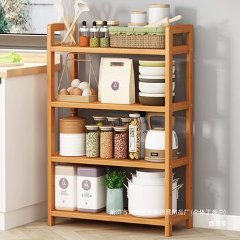 Factory Direct Sales of Simple Kitchen Supplies, Small Bookshelf, Multi-Layer Pot Rack, Kitchen Storage Rack, Bamboo Solid Wood Storage