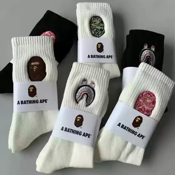 Japanese embroidery bape head socks for men and women medium and high tube tide brand couple towel bottom sports basketball socks wholesale