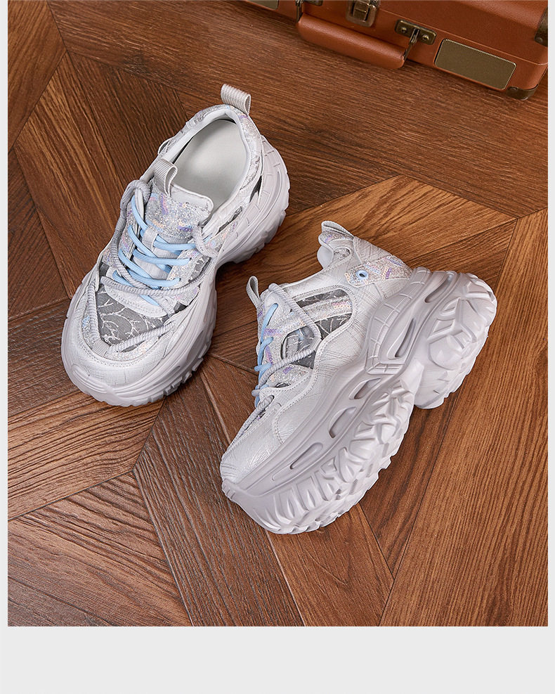 Giày sneaker nữ chunky đế dày phong cách thể thao, mũi tròn, dây buộc, đế cao siêu cao 8cm — Trắng Tím, Xám Xanh chi tiết 18