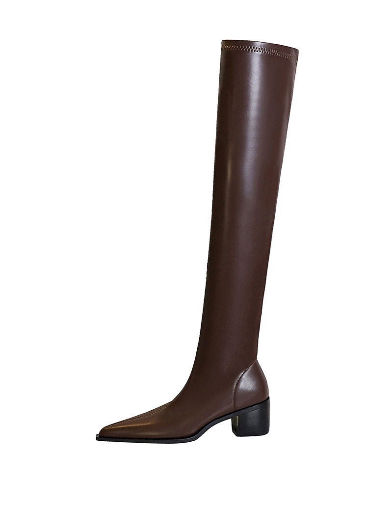 Boot nữ cổ cao quá gối gót vuông mũi nhọn phong cách thanh lịch — Màu cà phê, Màu đen, Màu Kaki