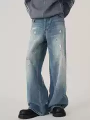 Men's Straight Loose Wide-Leg American High Street Jeans with Ink Splatter Design, Trendy Brand, Stylish Washed Retro Design Long Pants