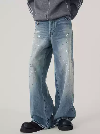 Men's Straight Loose Wide-Leg American High Street Jeans with Ink Splatter Design, Trendy Brand, Stylish Washed Retro Design Long Pants
