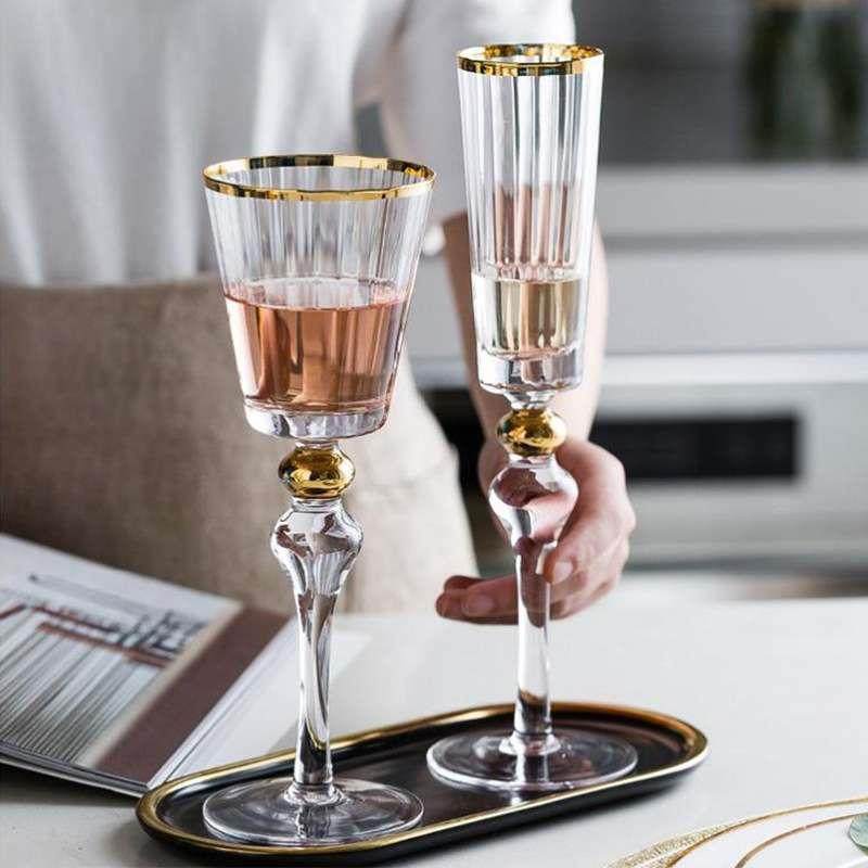 New Champagne Glass Household Handmade Crystal Glass Red Wine Glass Gold Rim Beads Glass Bubble Wine Cup Wholesale