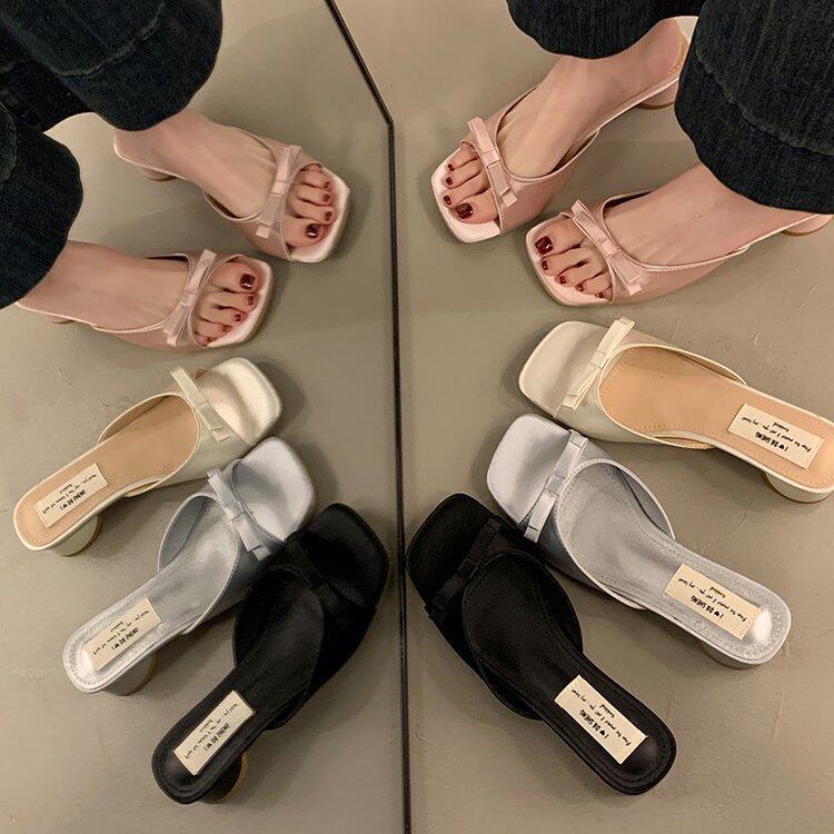 Small fragrant square toe slippers for women, butterfly machine, thick heel, casual, comfortable, versatile, small low heel slippers for women